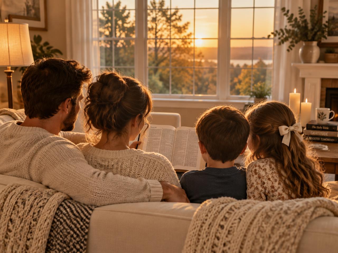 A mother and father reading the Bible with their two children on the sofa